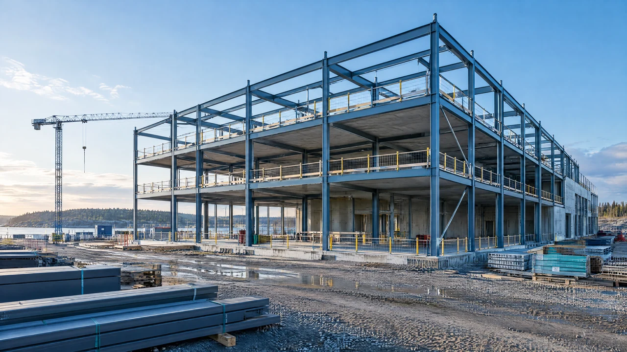 Moderne industribygning under opførelse