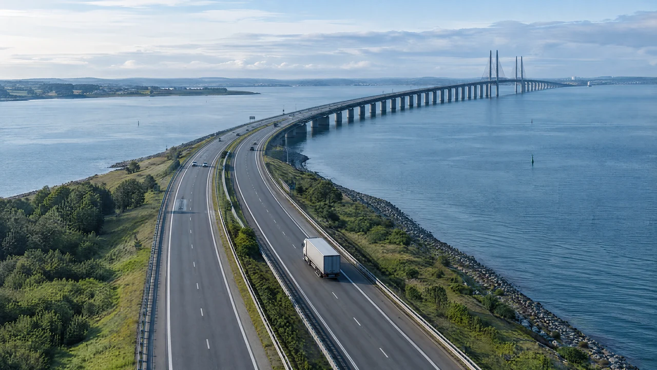 Bro over et stræde og godstransport på vej