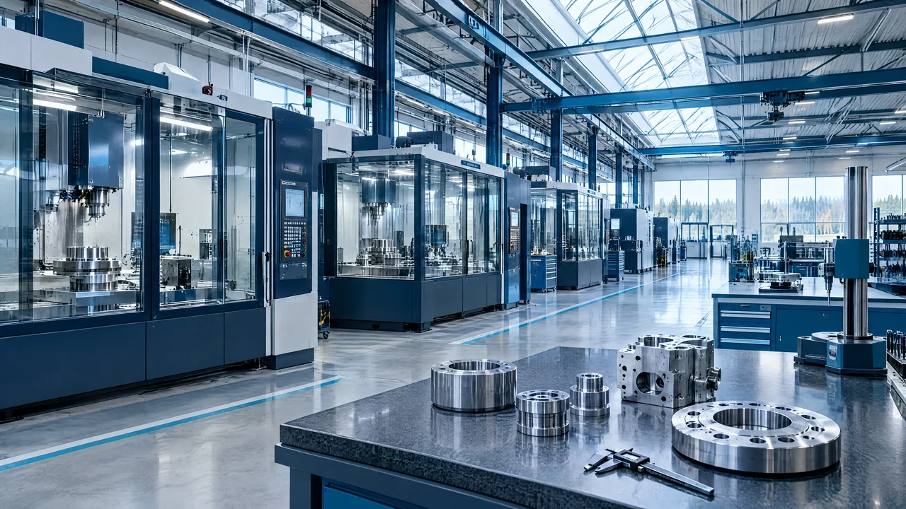 Produktionshal med CNC-maskiner og kontrolstation